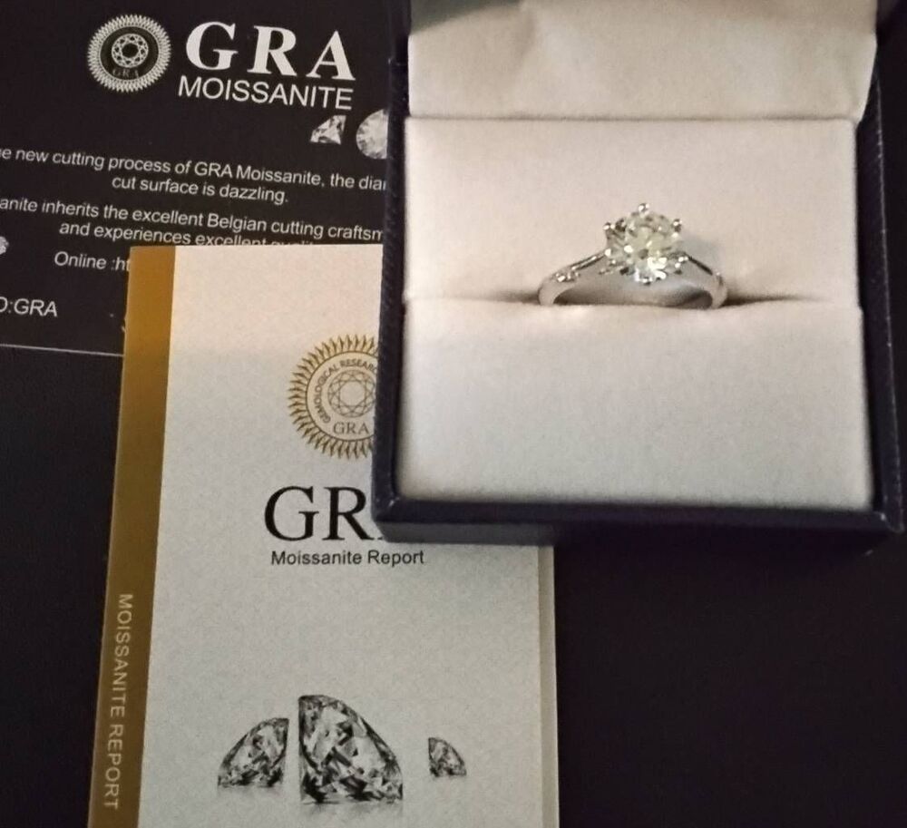 CERTIFIED GRA 1Ct. Moissanite Round Solitaire Engagement Ring Sz 8~Platinum/925S